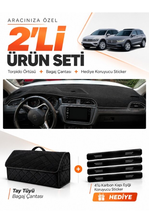 Volkswagen Tiguan (2016-2023) Compatible Glove Box Cover + Tay Feather Trunk Bag + Sticker Set - Vw024