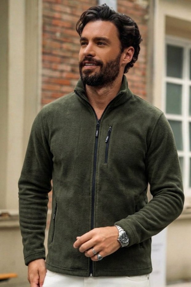 Men's Relax Fit Zippered Textured Khaki Fleece