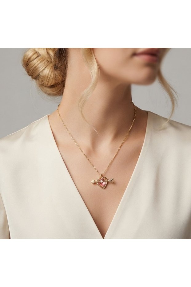 Women's Gold Tarnish-Resistant Steel Zircon Stone Heart and Arrow Necklace - Elegant Design for Gifts |   Pink Zircon Stone