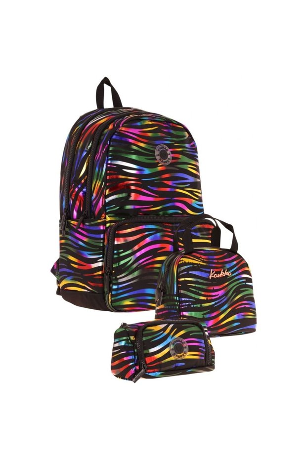 Shine Black Multicolor Zebra Patterned Girl's Triple School Bag Set