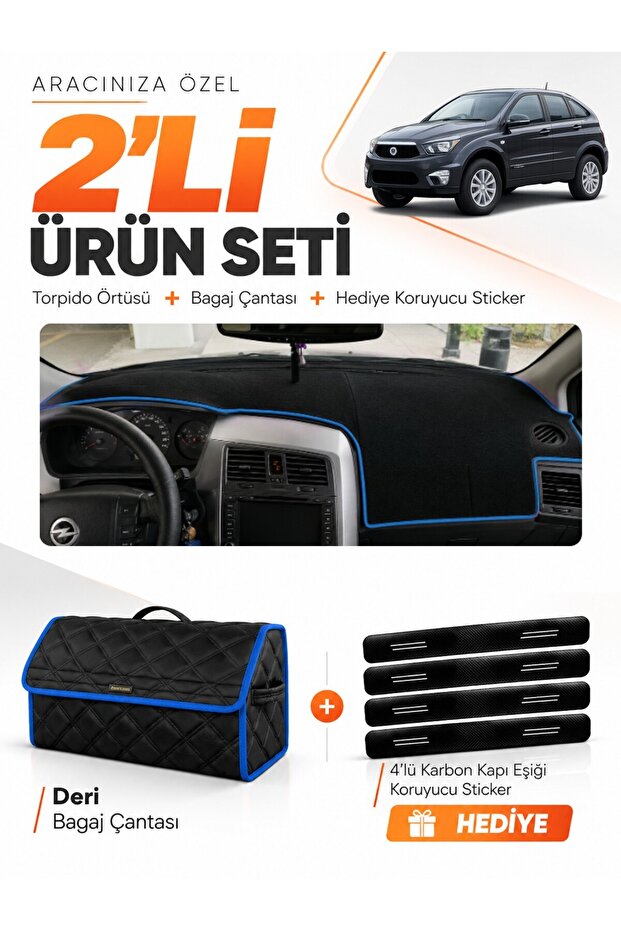 Ssangyong Nomad (2005-2012) Compatible Glove Box Cover + Leather Trunk Bag + Sticker Set - Ss001