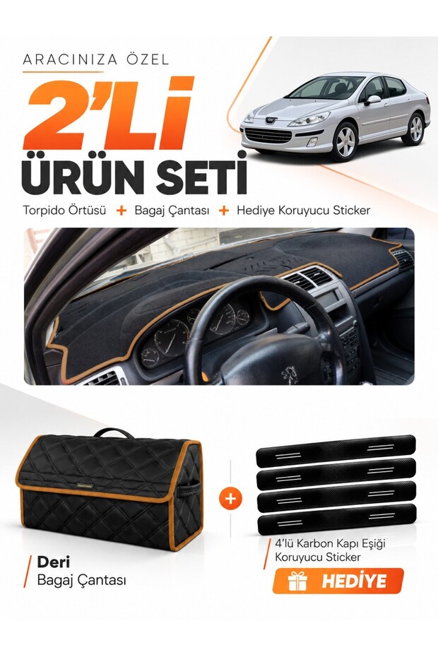 Peugeot 407 (2004-2010) Compatible Glove Box Cover + Leather Trunk Bag + Sticker Set - Pe018