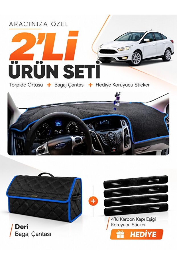 Ford Focus 3.5 Sedan (2014-2018) Compatible Dashboard Cover + Leather Trunk Bag + Sticker Set - Fo012