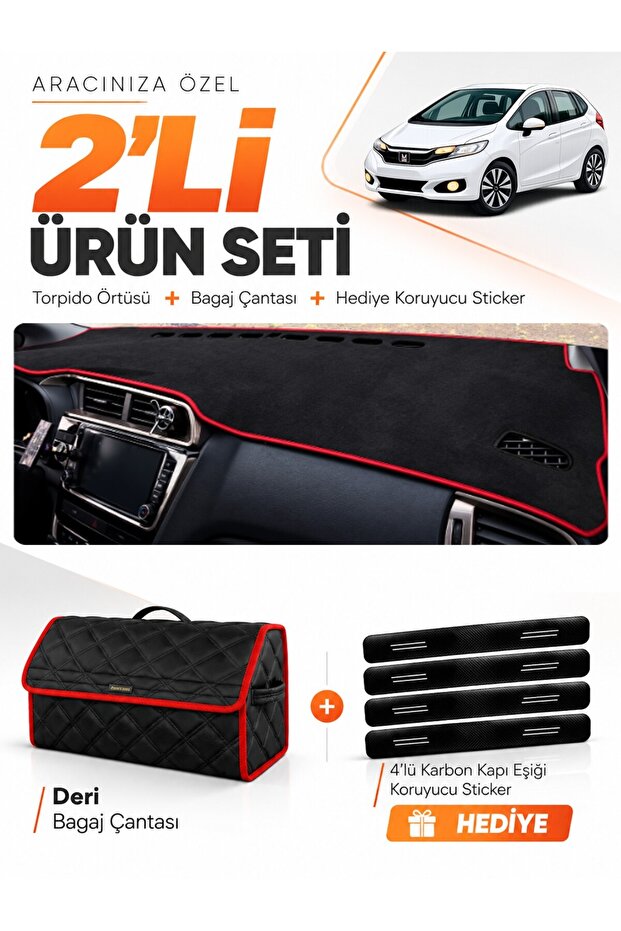 Honda Jazz (2018-2020) Compatible Dashboard Cover + Leather Trunk Bag + Sticker Set - Ho019