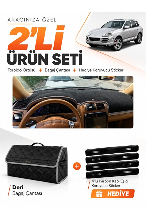 Porsche Cayenne (2002-2010) Compatible Dashboard Cover + Leather Trunk Bag + Sticker Set - Po001