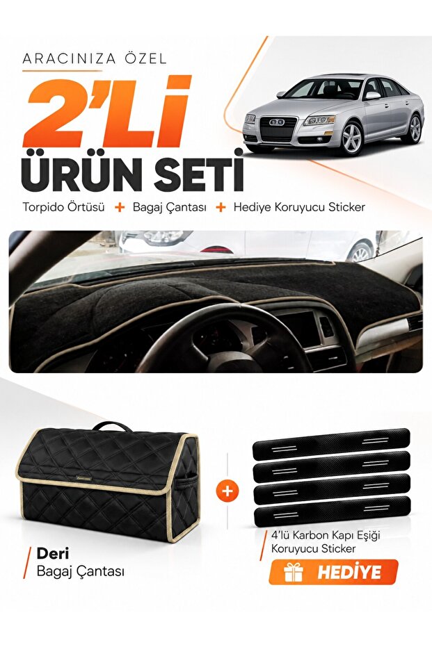 Audi A6 (2005-2011) Compatible Dashboard Cover + Leather Trunk Bag + Sticker Set - Au004