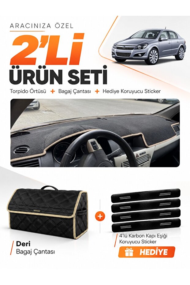 Opel Astra H (2003-2014) Compatible Dashboard Cover + Leather Trunk Bag + Sticker Set - Op003