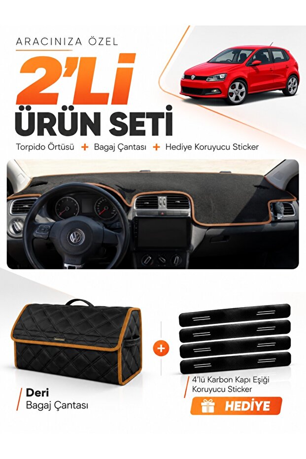 Volkswagen Polo (2009-2019) Compatible Dashboard Cover + Leather Trunk Bag + Sticker Set - Vw021