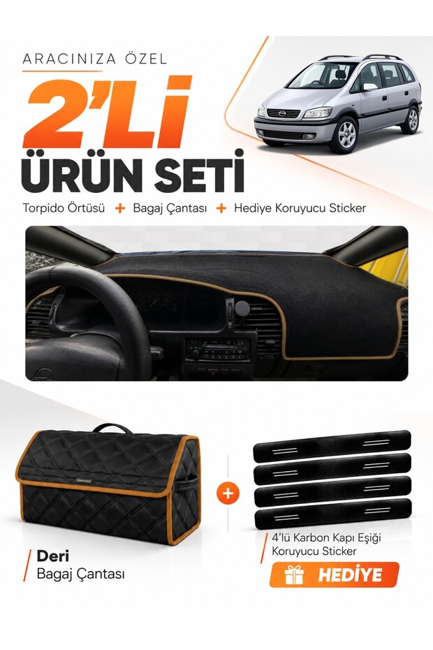 Opel Zafira (1999-2003) Compatible Glove Box Cover + Leather Trunk Bag + Sticker Set - Op017