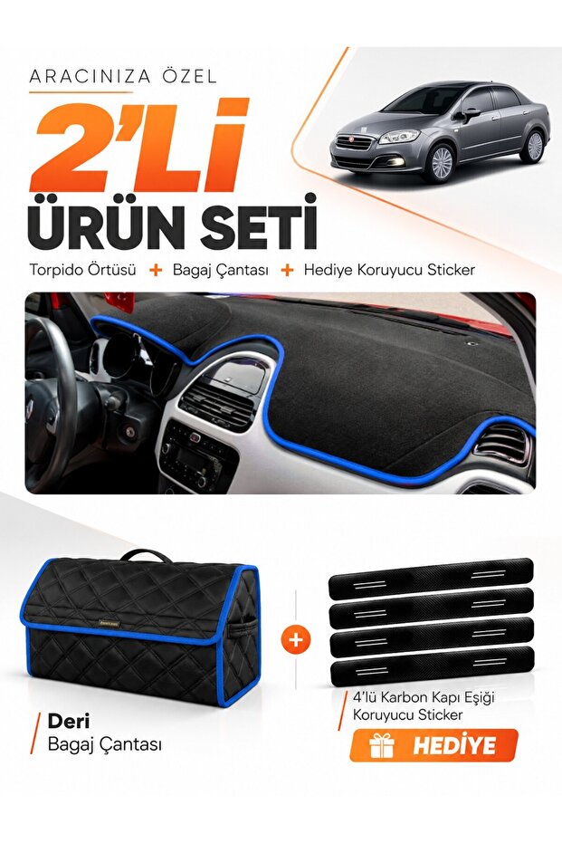 Fiat Linea Urban (2015-2021) Compatible Dashboard Cover + Leather Trunk Bag + Sticker Set - Fi014