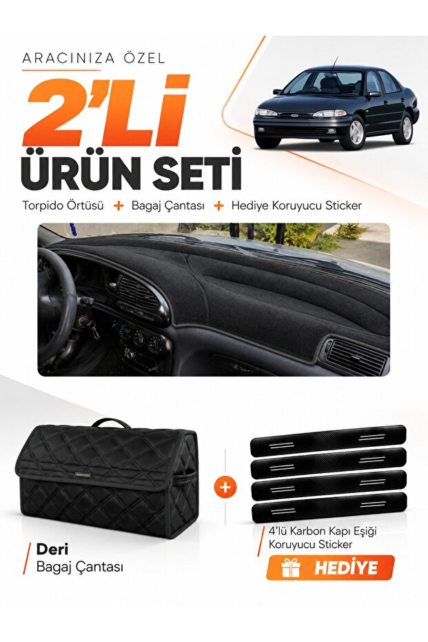 Ford Mondeo Poled (1993-1996) Compatible Glove Box Cover + Leather Trunk Bag + Sticker Set - Fo020