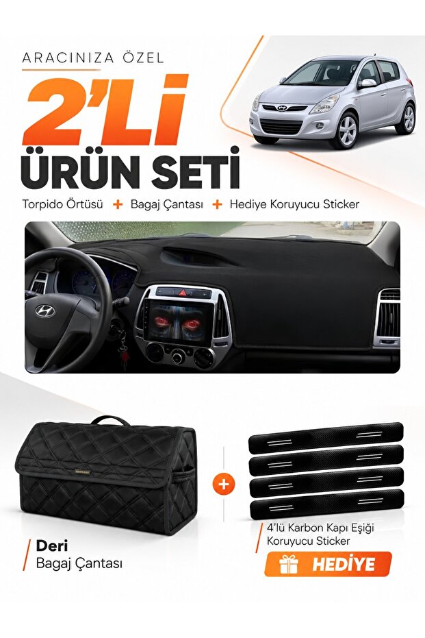 Hyundai̇ İ20 (2008-2014) Compatible Glove Box Cover + Leather Trunk Bag + Sticker Set - Hu001