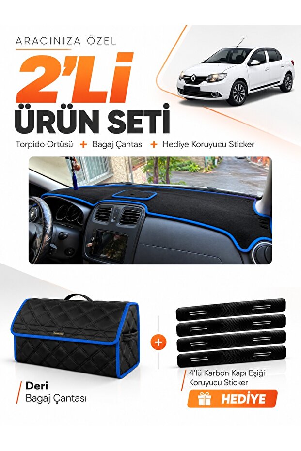 Renault Symbol Top Covered (2013-2021) Compatible Torpedo Cover + Leather Trunk Bag Set - Re014