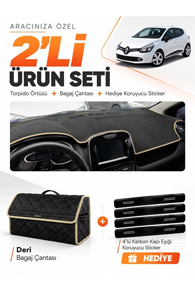 Renault Clio 4 (2012-2019) Compatible Dashboard Cover + Leather Trunk Bag + Sticker Set - Re018