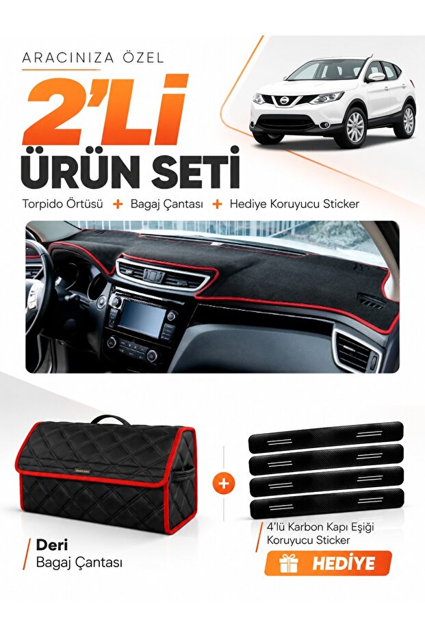 Nissan Qashqai J11 (2013-2020) Compatible Glove Box Cover + Leather Trunk Bag + Sticker Set - Ni017