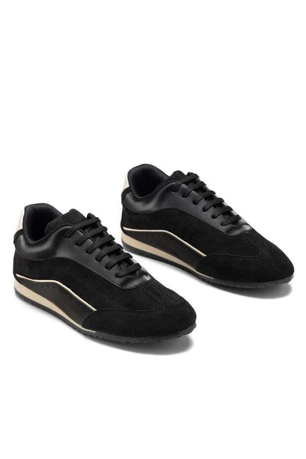 Women's Black Suede Garnished Lace-Up Comfortable Sole Casual Sneaker Sports Shoes