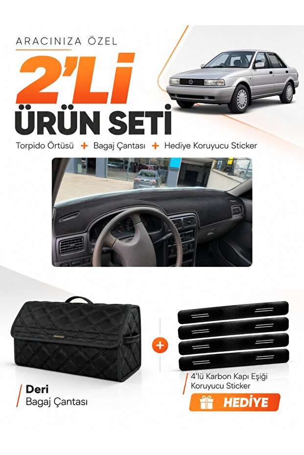 Nissan Sunny (1990-1995) Compatible Torpedo Cover + Leather Trunk Bag + Sticker Set - Ni018