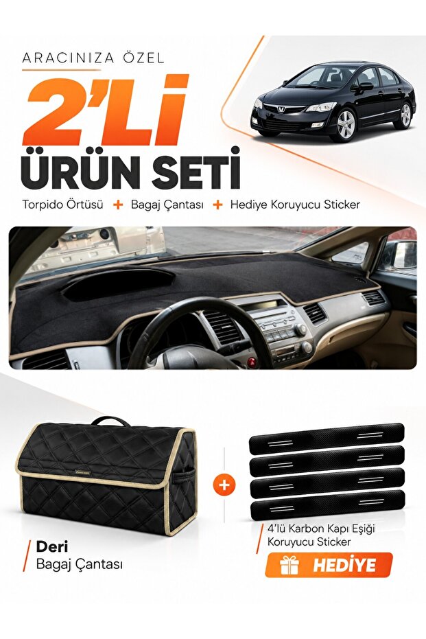 Honda Civic Fd6 (2005-2011) Compatible Dashboard Cover + Leather Trunk Bag + Sticker Set - Ho010