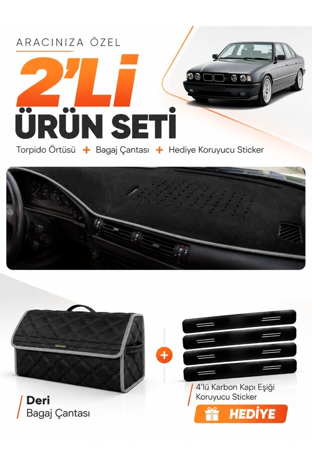 Bmw E34 (1988-1996) Compatible Glove Box Cover + Leather Trunk Bag + Sticker Set - Bm010