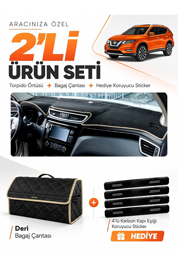 Nissan X-Trail (2013-2020) Compatible Glove Box Cover + Leather Trunk Bag + Sticker Set - Ni020