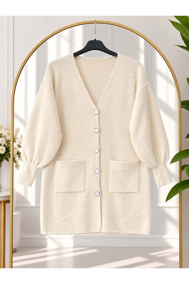 Women's Hijab Balloon Sleeve Knitwear Cardigan White
