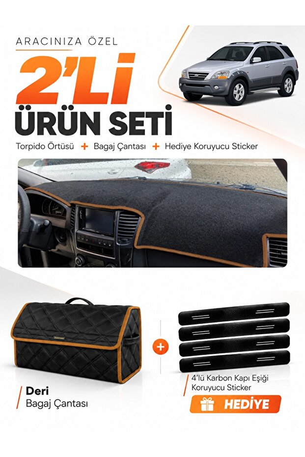 Kia Sorento (2006-2009) Compatible Torpedo Cover + Leather Trunk Bag + Sticker Set - Ki018