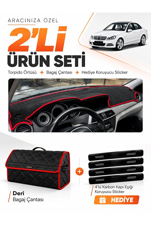 Mercedes W204 C180 (2007-2014) Compatible Glove Box Cover + Leather Trunk Bag + Sticker Set - Mb006
