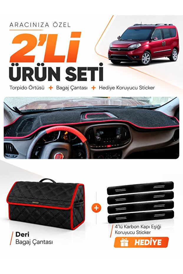Fiat Doblo (2015-2023) Compatible Dashboard Cover + Leather Trunk Bag + Sticker Set - Fi009