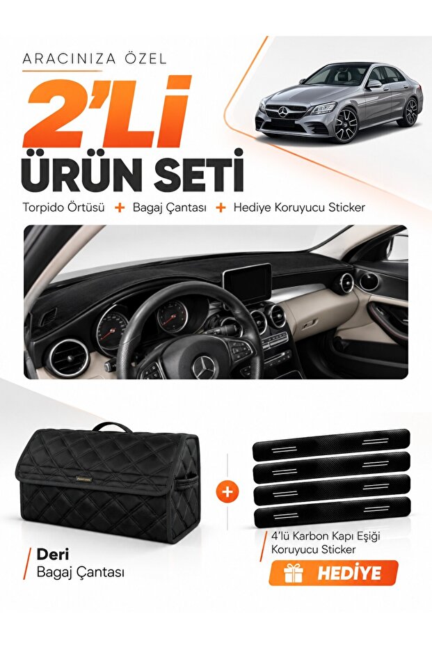 Mercedes W205 C-Class (2018-2021) Compatible Dashboard Cover + Leather Trunk Bag + Sticker Set - Mb007