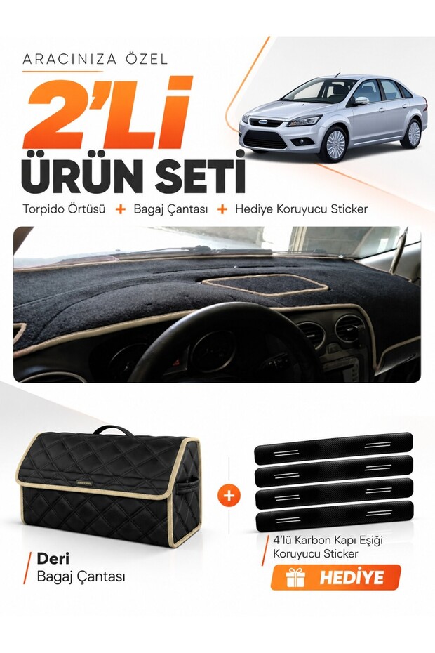 Ford Focus 2.5 Sedan Covered (2008-2011) Compatible Glove Box Cover + Leather Trunk Bag Set - Fo011