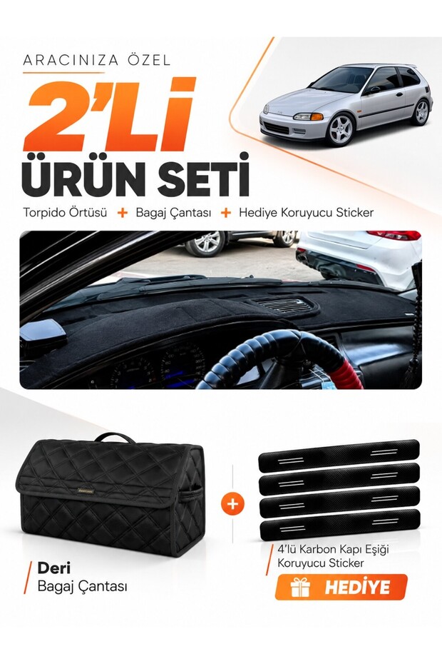 Honda Civic Eg-Ex-El (1994-2000) Compatible Torpedo Cover + Leather Trunk Bag + Sticker Set - Ho005