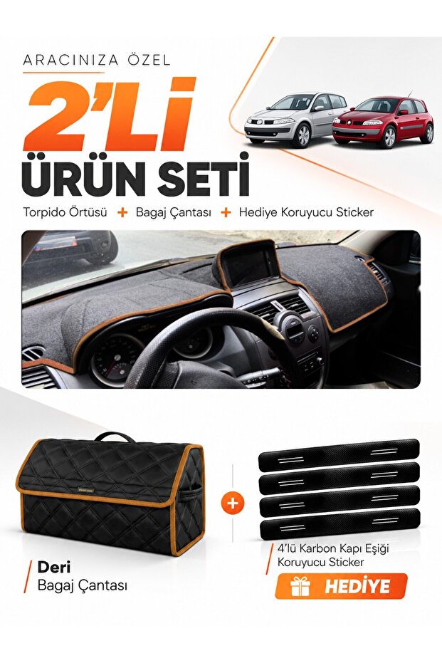 Renault Megane 2 Large Screen (2002-2009) Compatible Glove Box Cover + Leather Trunk Bag Set - Re040
