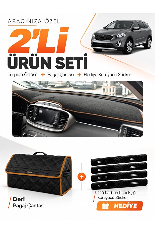 Kia Sorento (2015-2018) Compatible Torpedo Cover + Leather Trunk Bag + Sticker Set - Ki020