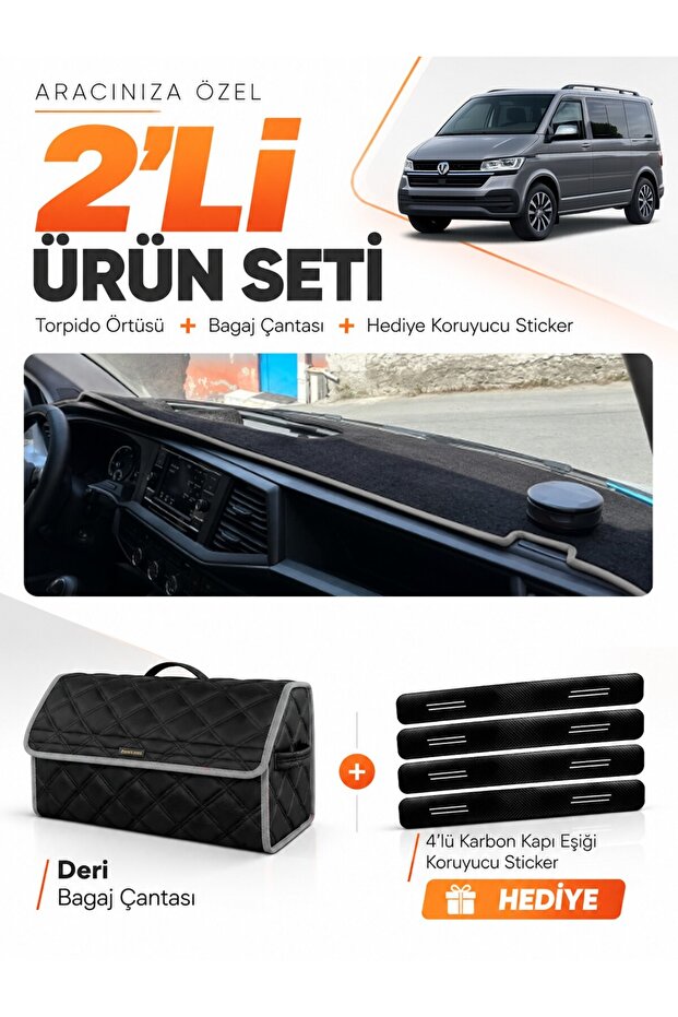Volkswagen Transporter T7 (2021-2024) Compatible Dashboard Cover + Leather Trunk Bag Set - Vw029