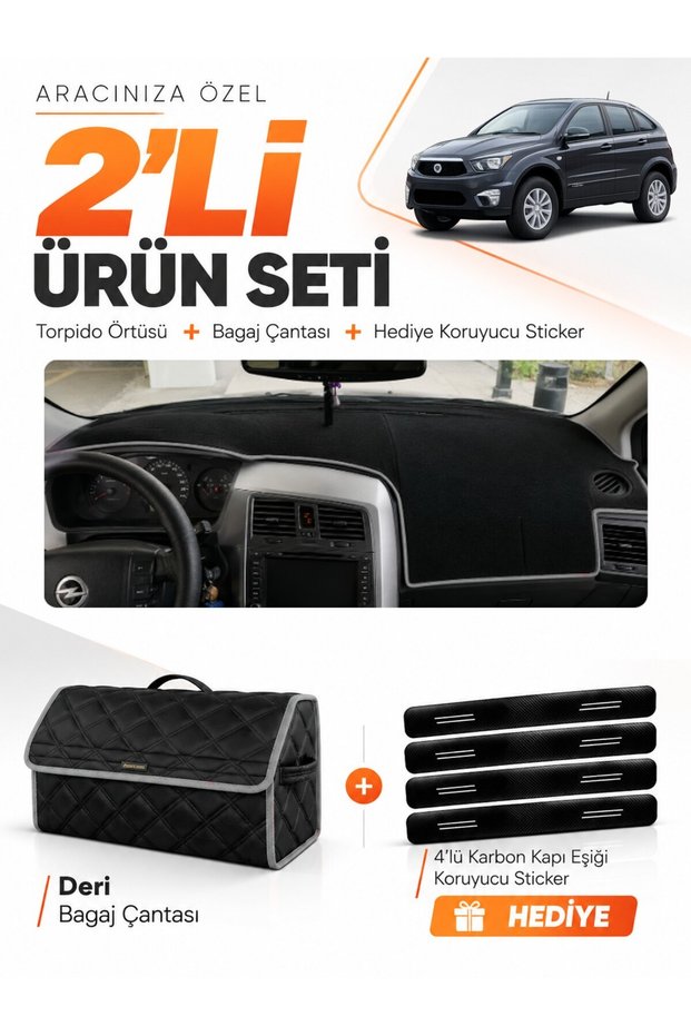 Glove Box Cover + Leather Luggage Bag + Sticker Set Compatible with Ssangyong Nomad (2005-2012) - Ss001