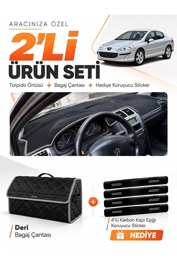 Peugeot 407 (2004-2010) Compatible Glove Box Cover + Leather Trunk Bag + Sticker Set - Pe018