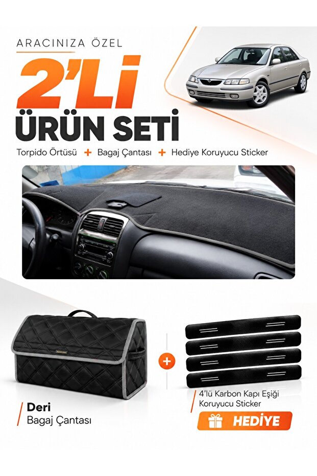 Mazda 626 Without Airbags (1998-2000) Compatible Glove Box Cover + Leather Trunk Bag + Sticker Set - Ma010