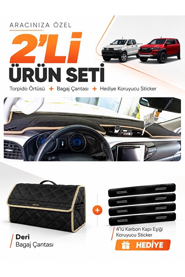Toyota Hi̇lux (2016-2025) Compatible Dashboard Cover + Leather Trunk Bag + Sticker Set - To019