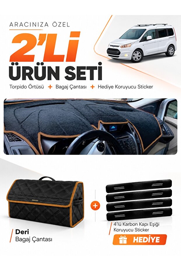Ford Tourneo Connect (2013-2020) Compatible Dashboard Cover + Leather Trunk Bag + Sticker Set - Fo018