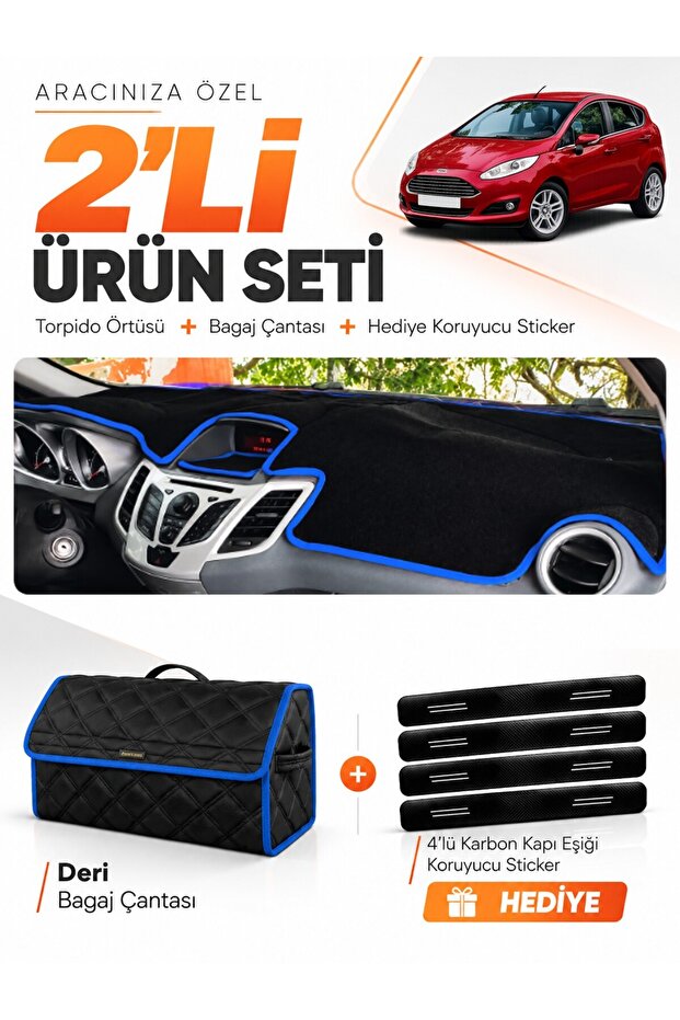 Ford Fi̇esta (2008-2017) Compatible Dashboard Cover + Leather Trunk Bag + Sticker Set - Fo008