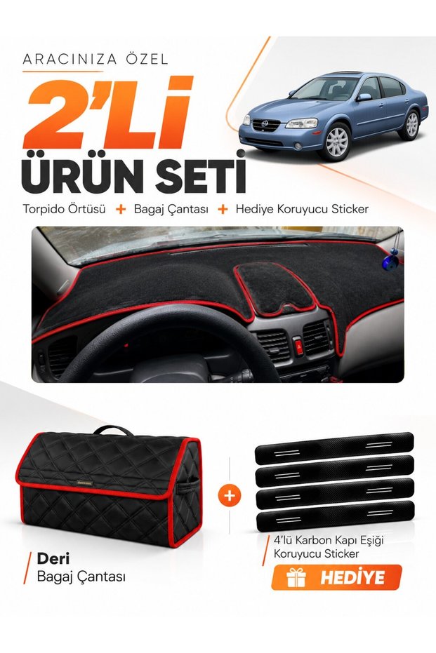 Nissan Maxima A33 (1999-2003) Compatible Torpedo Cover + Leather Trunk Bag + Sticker Set - Ni006