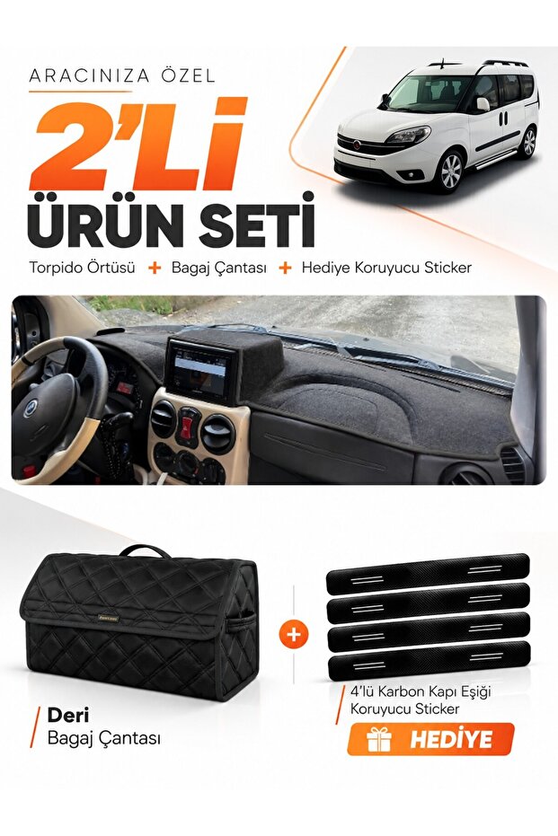 Fi̇at Doblo (2007-2015) Airbag Compatible Large Screen Compatible Glove Box Cover + Leather Trunk Bag Set - Fi022