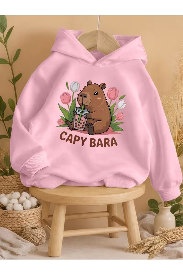 Children's Capybara Heart Printed Cartoon Cute Hooded Spring Autumn Sweatshirt