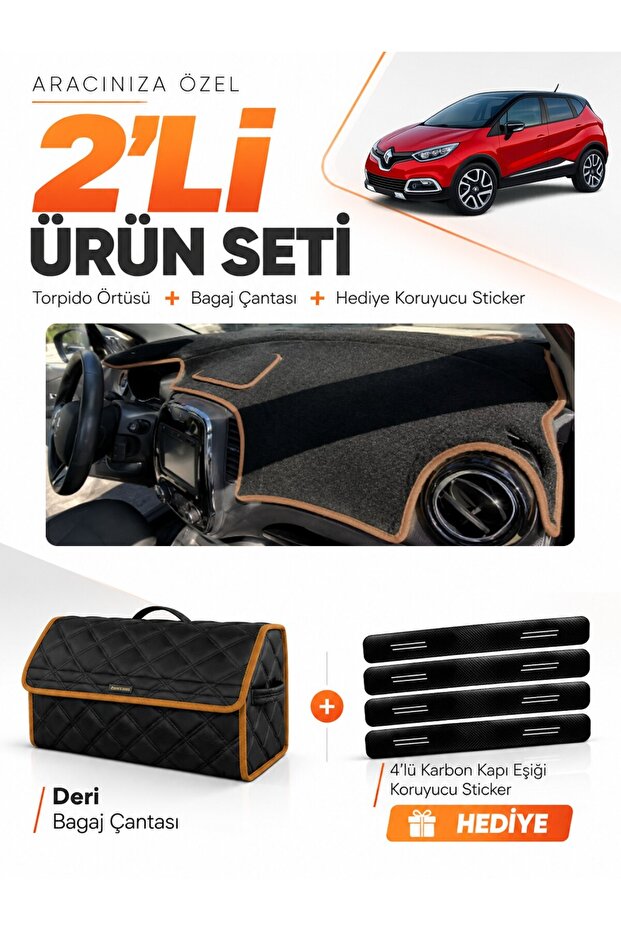 Renault Captur 1 (2013-2019) Compatible Glove Box Cover + Leather Luggage Bag + Sticker Set - Re035