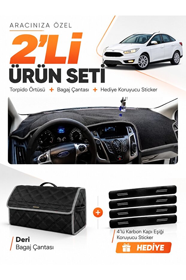 Ford Focus 3.5 Sedan (2014-2018) Compatible Dashboard Cover + Leather Trunk Bag + Sticker Set - Fo012