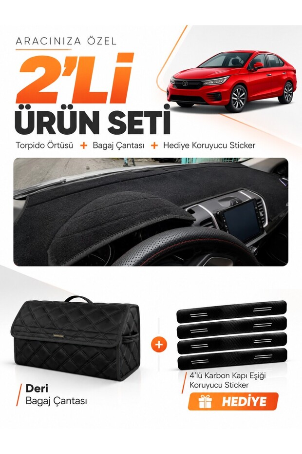 Honda City (2020-2024) Compatible Dashboard Cover + Leather Trunk Bag + Sticker Set - Ho003