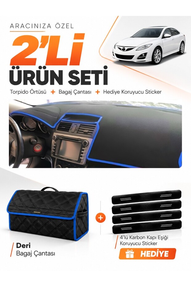 Mazda 6 (2007-2013) Compatible Dashboard Cover + Leather Trunk Bag + Sticker Set - Ma007