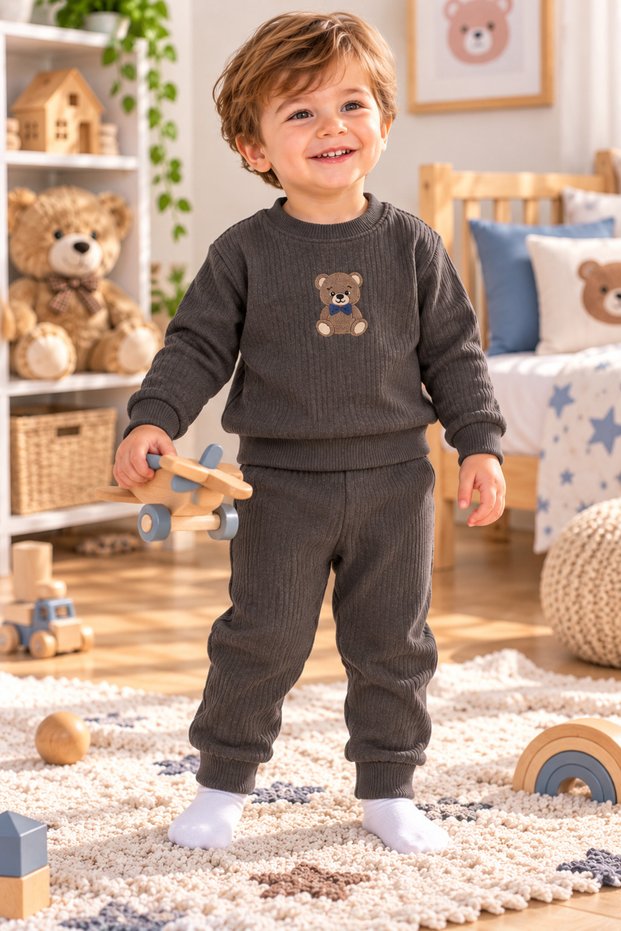 Ss Gi̇yi̇m Boys' Teddy Bear Printed 2-Piece Set – Ribbed Sweatshirt and Sweatpants