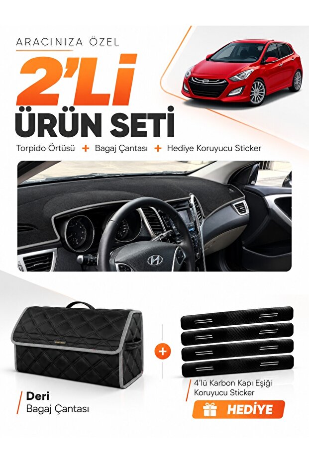 Hyundai İ30 (2012-2016) Compatible Glove Box Cover + Leather Trunk Bag + Sticker Set - Hu005
