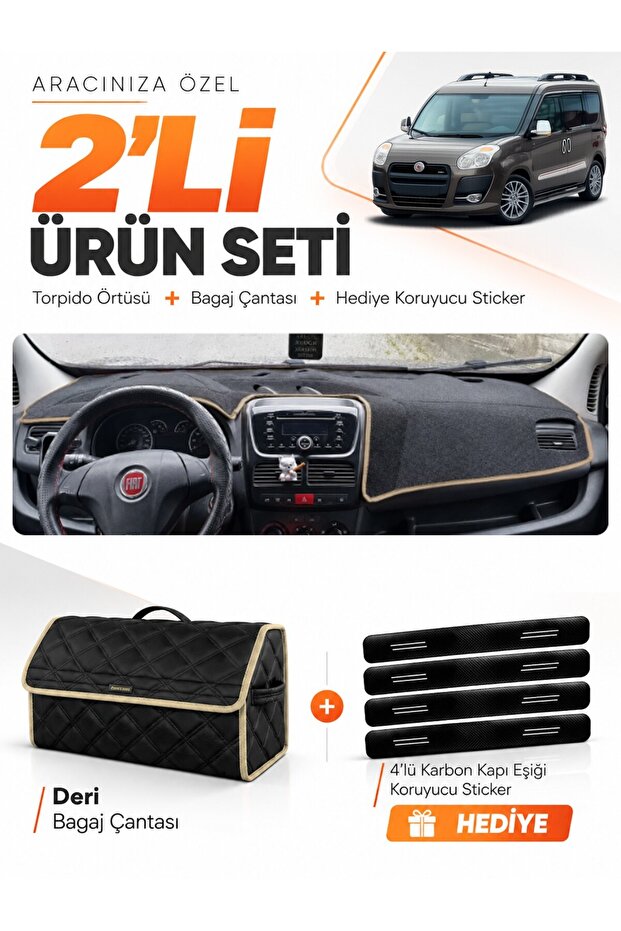 Fiat Doblo D3 (2010-2013) Compatible Torpedo Cover Without Cover + Leather Trunk Bag + Sticker Set - Fi006